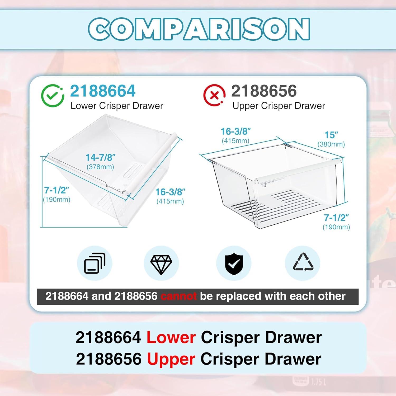 imageKojem 2188664 Crisper Drawer Bin Lower Replacement for WP2188664 Compatible with Whirlpool Kenmore Maytag Kitchenaid Refrigerator Clear Crisper Pan WWhite Handle PlasticPS