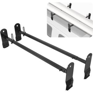 imageECOTRIC Cross Bar 53quot66quot Compatible with 19992022 Chevy Express GMC Savana Ford E Series Ladder Rack for Van Roof Rack Ladder Carrier Steel Rain Gutter Heavy Duty Black1 Set
