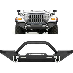 imageECOTRIC Front Bumper Compatible with 19872006 Jeep Wrangler TJ YJ with Winch Plate DRing and 2 LED Lights Black Rock Crawler Heavy Duty