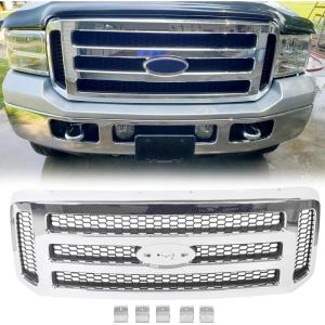 imageECOTRIC Grille Assembly Compatible With 20052007 Ford SuperDuty F250 F350 F450 F250 F350 F450 Excursion Chrome With Gray Honey Comb Replacement for FO1200456 5C3Z8200BAAWithout EmblemChrome