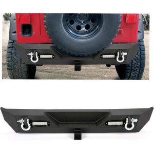 imageECOTRIC Rear Bumper Compatible With 19872006 Jeep Wrangler YJ TJ w 2 LED Lights ampamp 2quot Hitch Receiver D Rings Steel Rear Bumper